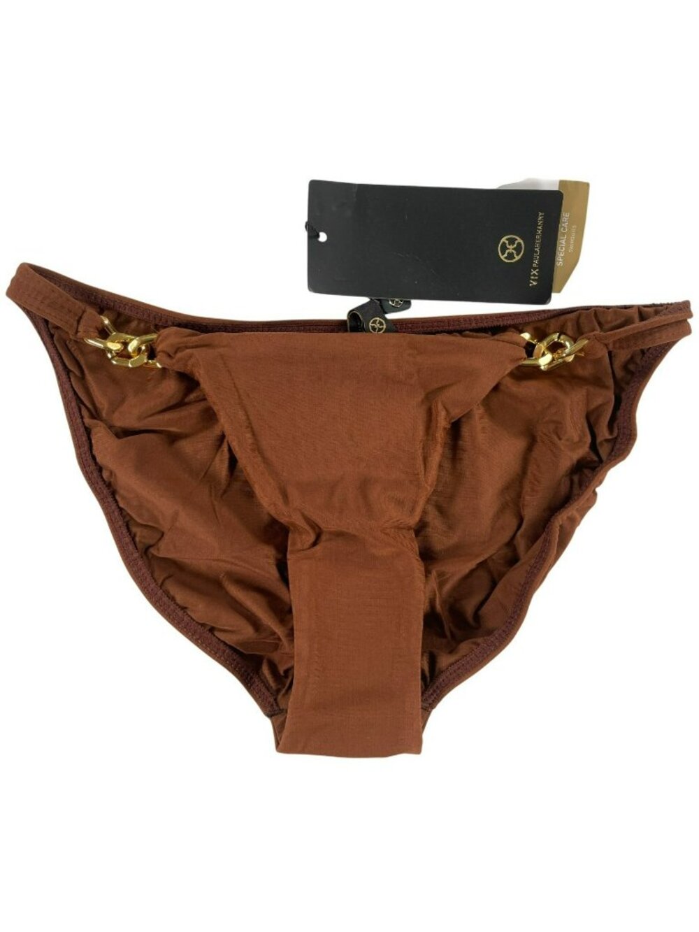 ViX Paula Hermanny Solid Angie Full Brown Bikini Bottom Gold Detail Sz Small NEW